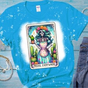 Handcrafted Bleached Tarot Card T-Shirt New Skull And Cactus Tee Shirt Size L